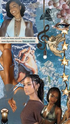 the collage shows two women in different outfits, one with an angel on her shoulder and