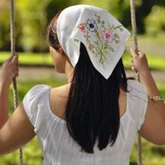 Cute Head Covering, Embroidered Head Scarf, White Folk Style Fabric With Floral Embroidery, White Folk-style Fabric With Floral Embroidery, Traditional White Bandana For Festival, White Folk Style Embroidered Fabric, Folk White Fabric With Embroidered Border, Traditional White Cotton Bandana, Embroidered Headscarf