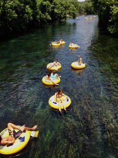 people are floating on inflatables down a river with green trees around them