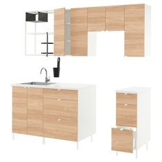 an image of kitchen furniture set with sink and cabinets in white and light wood finish