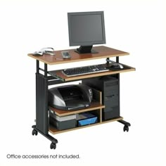 a computer desk with a printer on it and a monitor sitting on top of it