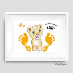 a watercolor painting of a baby lion cub with paw prints on it's chest