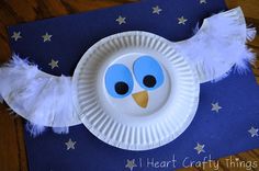 a paper plate with an owl made out of white feathers on top of a blue background