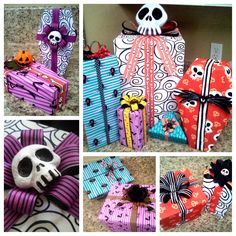 several pictures of different wrapped presents with skulls on them