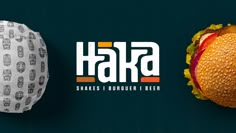 two hamburgers with the word haka on them next to an image of a burger