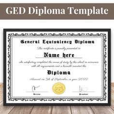 a diploma certificate with the words general education diploma in gold and black, on a wooden table