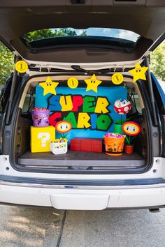 the trunk of a car with decorations on it