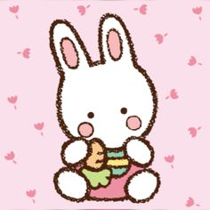 a drawing of a bunny holding a donut in front of a pink background with hearts