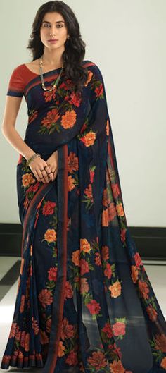 Blue color Saree in Georgette fabric with Floral, Printed work Blue Floral Print Saree For Festivals, Fitted Blue Floral Print Saree, Daily Wear Sarees Casual, Blue Color Saree, Daily Wear Sarees, Casual Saree, Saree Trends, Printed Saree, Georgette Fabric