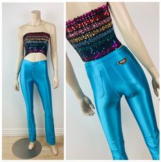 Vintage 1970s Bojeangles Pants super skinny & tight! rare size xs body hugging fit by bojeangles turquoise blue color stretchy spandex material great vintage condition appx size - XS  22-24 waist 34-36 hip 42 length 34.5 inseam All sales are final Turquoise Blue Color, Disco Pants, Womens Pants, Vintage 1970s, Turquoise Blue, Capri Pants, 1970s, Tights, Pants For Women