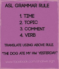 a pink poster with the words asl grammar rules