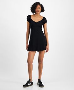 in stock Casual Mini Dress With Smocked Bodice For Date Night, Casual Black Dress With Fitted Waist, Casual Mini Dress With Fitted Waist, Casual Stretch Mini Dress With Smocked Bodice, Black Fitted Dress With Gathered Waist, Black Stretch Dress With Smocked Back, Casual Black Ruched Mini Dress, Black Mini Dress With Smocked Back For Daywear, Casual V-neck Smocked Bodice Mini Dress