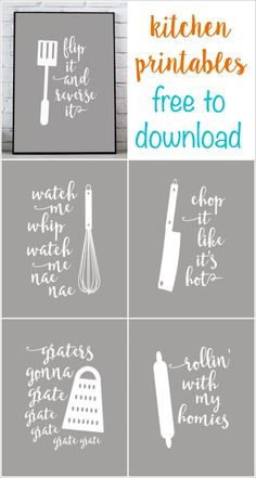 kitchen printables with the words free to use on them and an image of cooking utensils