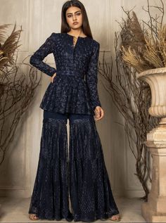 Dresses With Shrugs Indian, Indian Plazo Dresses, Indowestern Sharara Outfits, Shrug Pattern Kurti Party Wear, Indowestern Outfits For Wedding, Indowestern Wedding Outfits, Indian Attire Classy For Wedding, Shrara Suits Indian Designers Party Wear, Latest Party Wear Indowestern Dresses