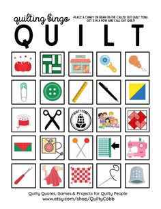 QUILT GAMES, Bingo, Instant Digital Download, Printable Game, Quilty Cobb Q-U-I-L-T a QUILTERS BINGO, Digital Download, Quilt Games, Retreat Activities, Quilt Guild Games Twenty different playing cards and calling cards for each object on the card are included!  Make this a classic at your guild night! Two sizes included Digital downloads make life easier, NO SHIPPING and you get it immediately! **Please note- this is NOT A PHYSICAL PRODUCT, therefore, there will be no returns accepted.  Make su Quilt Games, Quilt Retreat Favors, Quilt Guild Programs, Retreat Activities, Bingo Casino, Free Bingo Cards, Sewing Retreats, Craft Retreat, Bingo Sheets