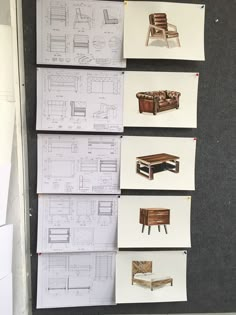 several pieces of furniture sitting on top of a white wall next to papers and pencils