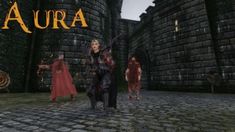 an animated image of two people in front of a castle with the word aura on it