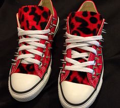 These low top red converse feature hand sewn red leopard faux fur and feature screwback spikes! **IMPORTANT** Please note that these are the UNISEX Converse Chuck Taylors if you've never worn them please go try a pair on at a local store prior to ordering I cannot give size advice. There are no returns since these are custom made for you! Punk Low-top Sneakers With Spikes, Low Top Red Converse, Emo Converse, Scene Shoes, 2000s Look, Diy Kandi Bracelets, Spike Shoes, Scene Outfits, Red Converse