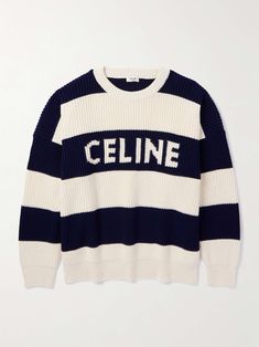 CELINE HOMME Logo-Intarsia Striped Cotton Sweater for Men White Cotton Sweater With Contrast Stripes, White Knit Sweater With Contrast Stripes, Celine Clothes, Celine Sweater, Girly Facts, Merch Aesthetic, Gucci Sweater, Designer Sweater, Fancy Nancy