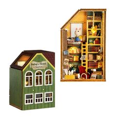 a wooden doll house with an open book case next to it's display stand