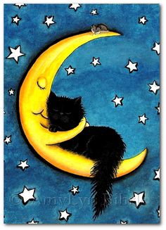 a black cat sitting on top of a crescent moon with stars around it and the words good night written below