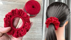 a woman is holding a red crocheted hair bow in front of a doll's head