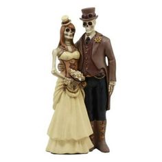 This Day Of The Dead Steampunk Socialite Skeleton Wedding Couple Statue measures approximately 8"Tall, 3.5" wide and 2.5" deep.  This Day Of The Dead Steampunk Socialite Skeleton Wedding Couple Statue is made of composite resin hand painted and polished individually.  This steampunk skeleton couple is dressed for a high fashion socialite wedding ball. Wearing different shades of brown, from the flowers to the hat, every part of the costume is extremely detailed. Steampunk Skeleton, Ornament Cake, Skeleton Couple, Natural Branding, Gothic Wedding, Band Merch, Day Of The Dead, The Dead, Wedding Couples