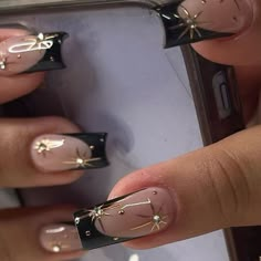 Gold Square Nail Designs, Nail Designs For Prom Black, Black Ethereal Nails, Black Design Acrylics, Nails With Black Outfit, Black Nail Acrylic Designs, Nail Ideas For Black Prom Dress, Spring Tapered Square Nails, Graduation Nails Ideas 2024