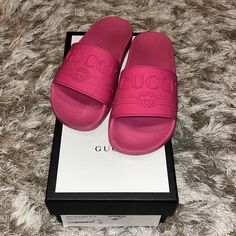 Pink Gucci Rubber Slides Used But Still In Good Condition! Comes With Box And Dust Bag! Gucci Slides, Gucci Pink, Shoes Gucci, Gucci Shoes, Women's Shoes Sandals, Shoes Sandals, Slides, Dust Bag, Gucci