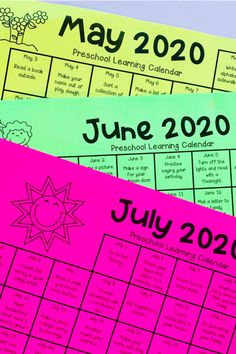 three calendars with the words june, july and 2020 written in pink on them