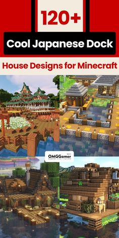 an image of the cover of a book with text that reads, cool japanese dock house designs for minecraft