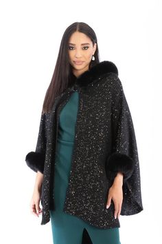 Faux Fur Under The Stars Hooded Kimono Black Fur Kimono, Sequin Kimono, Hooded Faux, Fur Hood, Swimwear Cover Ups, Under The Stars, Fur Trim, Faux Fur, Sequin