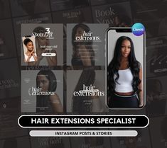 Hair Extensions Specialist Instagram Templates  Upgrade your Instagram account and create a professional Instagram feed. Be the IT GIRL for your hair extensions business.  Created for those of you who work with ladies with textured hair. Advertise your services in style! Attract more dream clients with your new luxurious Instagram feed.  Posts Include:  - Carousels - Engagement Content  - Expert Posts  - Marketing  - Sales  - Giveaways  and more! -> Note: It's a digital item and no physical item Professional Instagram Feed, Hair Extensions Business, Stylist Instagram, Hair Treatments, Dream Client, Social Media Templates, Instagram Story Template, Story Template, It Girl