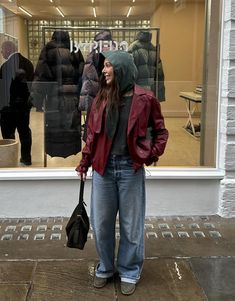 Denim pants paired with maroon leather jacket Maroon Leather Jacket Outfit, Denim Jacket Outfit Winter, Maroon Denim Jacket, Rain Outfits, Rainy Weather Outfits, Rainy Day Outfit Ideas, Rainy Day Outfits, Maroon Leather Jacket, Winter Jacket Outfits