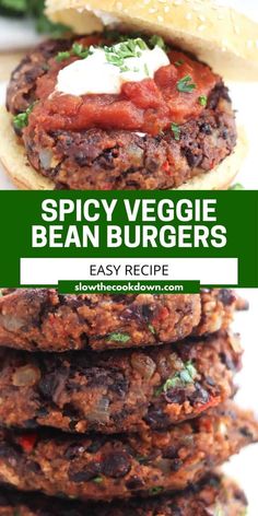 the recipe for spicy veggie bean burgers is shown on top of each other