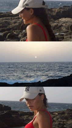 two pictures of a woman in a red top and white hat on rocks near the ocean