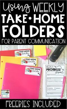 a pile of folders with the text using weekly take - home folders for parent communication