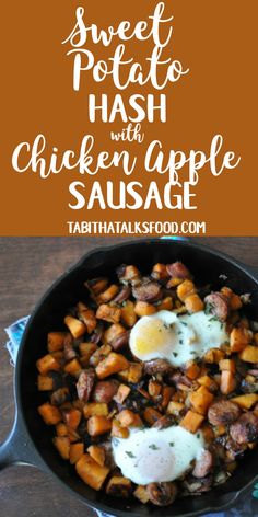 sweet potato hash with chicken and apple sausage in a skillet on a wooden table