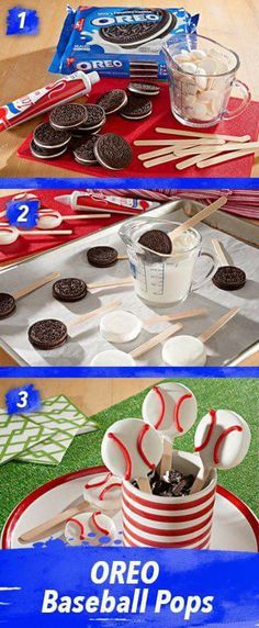 two pictures of oreo baseball pops and an ice cream sundae on a table