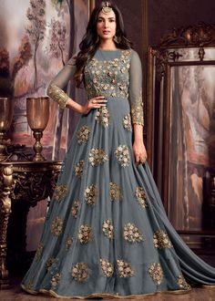 Blue Gray Designer Embroidered Net Anarkali Suit Daraz Online Shopping, Net Anarkali, Ethnic Gown, Designer Anarkali, Indian Gowns Dresses, Long Frocks, Indian Gowns, Anarkali Suit