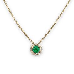 GREEN EMERALD &  DIAMOND HALO NECKLACE IN 14K YELLOW GOLD GREEN EMERALD & DIAMOND HALO NECKLACE IN 14K YELLOW GOLD Specifications: Metal: 14K Yellow Gold(Au 54 - 58.3%) Weight: 3.6 Gr Center Stone: Round Green Emerald ( 5mm Wide) Side Stones: 0.14cttw Diamonds FG VS Size: 18 Inch Pictures are of the actual item being purchased. Jewelries have been magnified for detail. Gemstones and diamonds are 100% natural unless otherwise stated as lab made or enhanced. All carat weights and measurements are Fine Jewelry Green Diamond Necklace For Anniversary, Green Diamond Necklace Fine Jewelry, Fine Jewelry Green Diamond Necklace, Emerald Necklace In Brilliant Cut, Luxury Green Diamond Necklace For May Birthstone, Fine Jewelry Green Emerald Necklace With Brilliant Cut, Fine Jewelry Emerald Necklace With Brilliant Cut, Fine Jewelry Green Diamond Necklace With Brilliant Cut, Green Brilliant Cut Necklace For May Birthstone