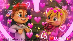 two cartoon characters standing next to each other with hearts and stars in the background that says i love you