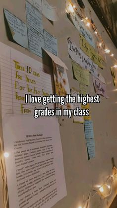 a bulletin board with notes attached to it that says i love getting the highest grade in my class