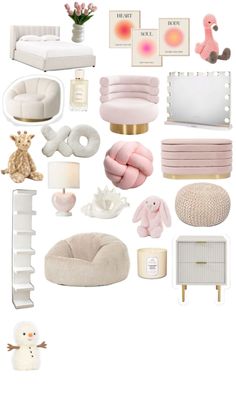 a collage of pink and white items including bedding, pillows, stuffed animals