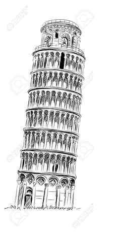 the leaning tower of pisa, italy hand drawn illustration in black and white with clippings