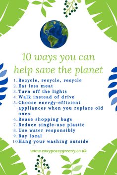 a poster with the words 10 ways you can help save the planet in green and blue