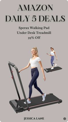 a woman is running on a treadmill with the text amazon daily 5 dealis