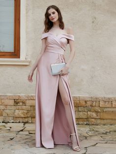 Off the Shoulder Satin Dress With Slit Dusty Rose Off The Shoulder Satin Dress, Satin Dress, Satin Dresses, Dusty Rose, Contemporary Style, Off The Shoulder, Entrance, The Dress, How To Memorize Things