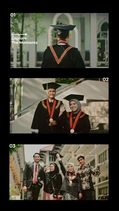 three different shots of people in graduation gowns