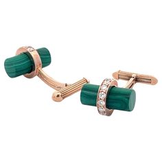 These exquisite cufflinks are crafted from luxurious 18k rose gold, offering a sophisticated and warm hue. Each cufflink features a striking malachite tube, showcasing the stone's vibrant green striations and natural beauty. Accentuating the elegance of these cufflinks are approximately 0.64 carats of brilliant white diamonds, meticulously set to enhance their sparkle and allure. The combination of the rich rose gold, the vivid green malachite, and the dazzling diamonds creates a pair of cufflinks that are both timeless and contemporary, perfect for adding a touch of luxury and refinement to any formal attire. Fronts measure approx. 15mm and the backs 15.75mm Diamond Cufflink, Green Malachite, Evening Purse, Chatelaine, Original Clothes, Vibrant Green, Belleza Natural, White Diamonds, 18k Rose Gold